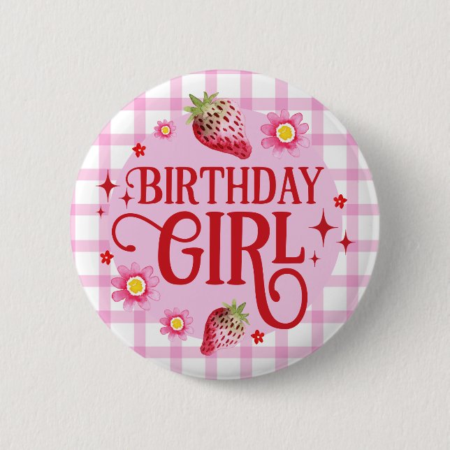 Bóton Redondo 5.08cm Strawberry e Pink Gingham Birthday Girl (Frente)