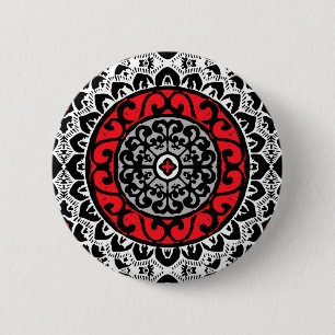 Bóton Redondo 5.08cm Sudoeste Sol Mandala Batik, Vermelho, Preto e Bran