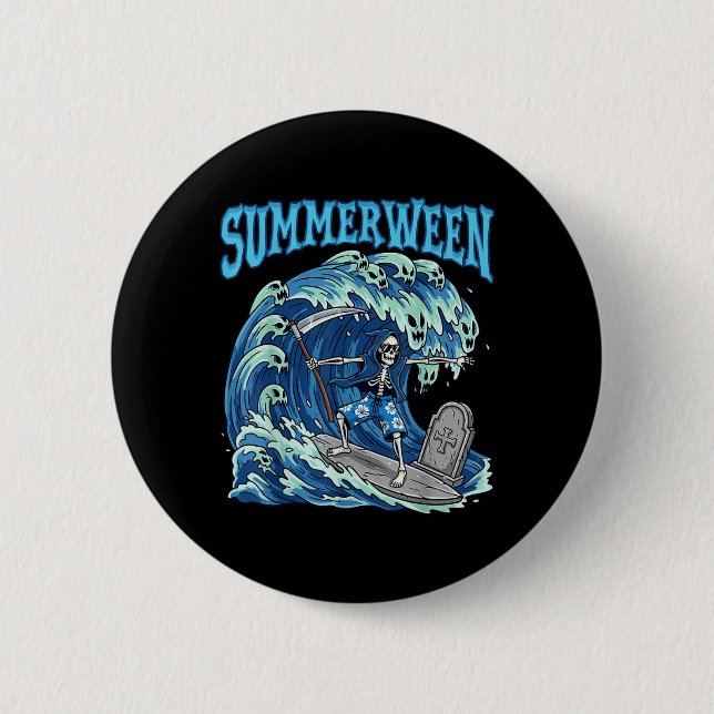 Bóton Redondo 5.08cm Summerwin Skeleton Surf Grim Reaper Beach Spooky (Frente)