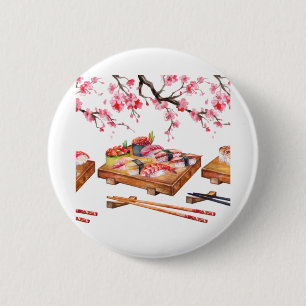 Bóton Redondo 5.08cm Sushi comida japonês e sakura florescente
