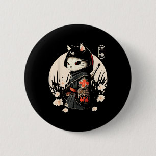 Bóton Redondo 5.08cm Tatuagem de Gato Samurai Japonês, Kawaii Ninja Cat