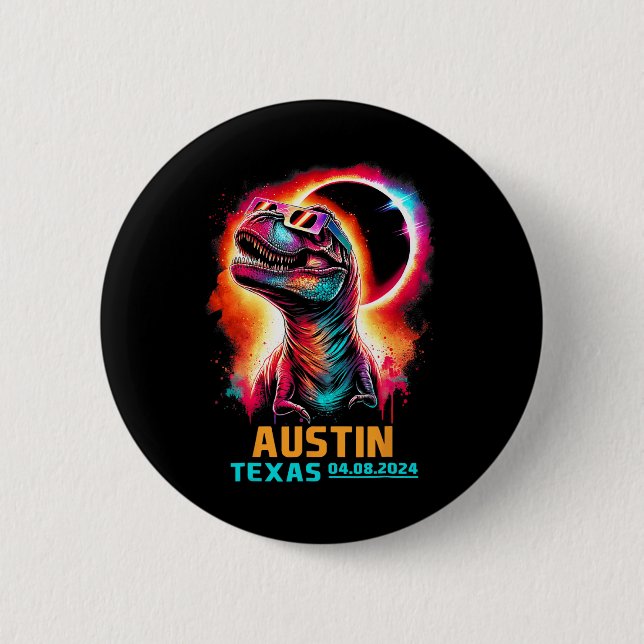 Bóton Redondo 5.08cm Texas Total Solar Eclipse 2024 T Rex Dinossaur (Frente)