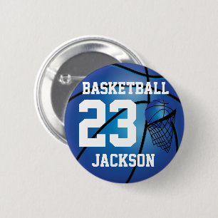 Bóton Redondo 5.08cm Texto azul escuro do basquetebol e da aro DIY