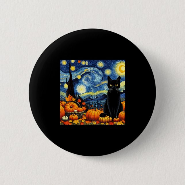 Bóton Redondo 5.08cm Thanksgiving Van Gogh Starry Night Black Cat Pumpk (Frente)