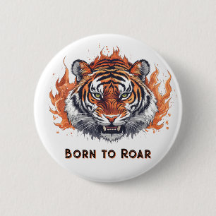 Bóton Redondo 5.08cm Tigre Feroz com Chamas - Texto Personalizável