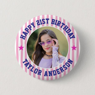 Bóton Redondo 5.08cm Tira de Foto Personalizada Padrão Feliz Aniversári