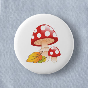 Bóton Redondo 5.08cm Toadstool Boné Vermelho Cogumelos e Folhas