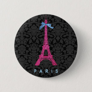 Bóton Redondo 5.08cm Torre Eiffel rosa quente com brilho sujo