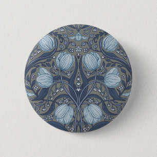 Bóton Redondo 5.08cm Tulipas Retro Nouveau em azul e estanho