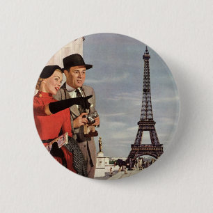 Bóton Redondo 5.08cm Turistas do vintage que viajam na torre Eiffel de