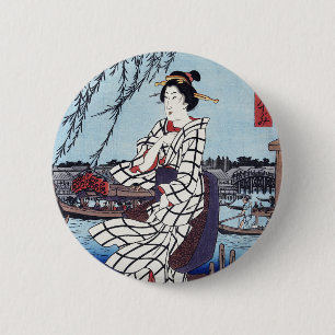 Bóton Redondo 5.08cm Uma Fria Noite de Verão na Ponte, Utagawa Hiroshig