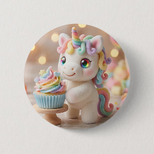 Bóton Redondo 5.08cm Unicórnio de Doce Pastel com Cupcake de Arco-íris