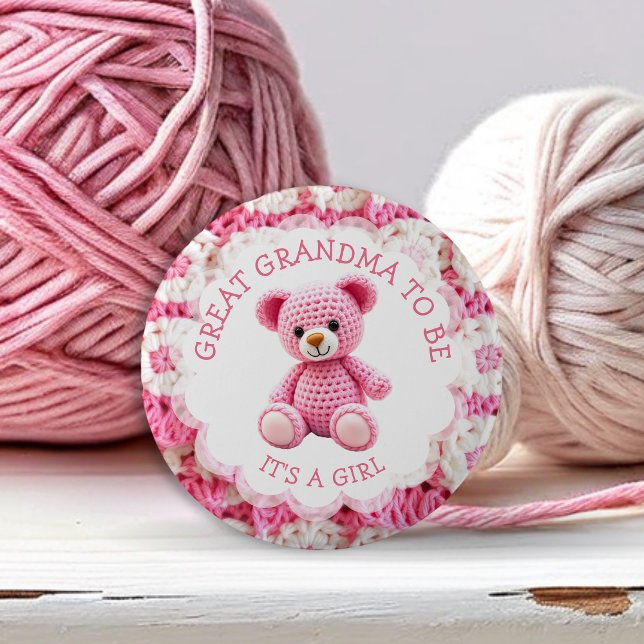 Bóton Redondo 5.08cm Urso de Crochê Rosa | Vai Ser Bisavó (Criador carregado)
