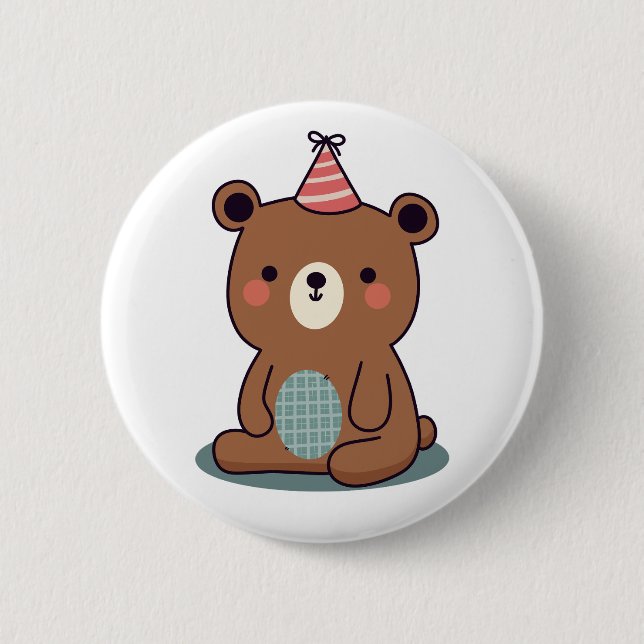 Bóton Redondo 5.08cm Urso de festa marrom fofo e feliz (Frente)