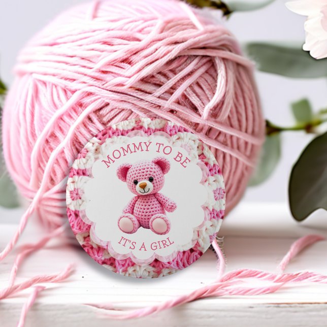 Bóton Redondo 5.08cm Urso de Pelúcia Crochê Rosa | Mãe em Potencial (Criador carregado)