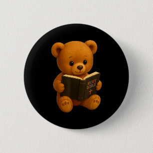 Bóton Redondo 5.08cm Urso de Pelúcia Lendo uma Bíblia Religiosa Cristã