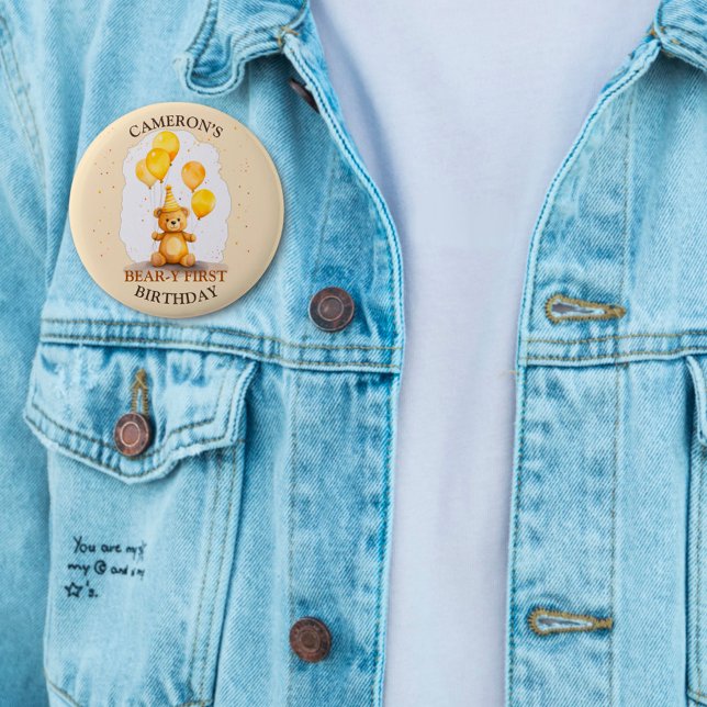 Bóton Redondo 5.08cm Urso Primeiro Aniversário Sexo Neutro Urso Amarelo (Criador carregado)