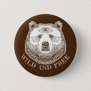 Bóton Redondo 5.08cm Urso, Selvagem E Gratuita, Ilustração Desenhada À