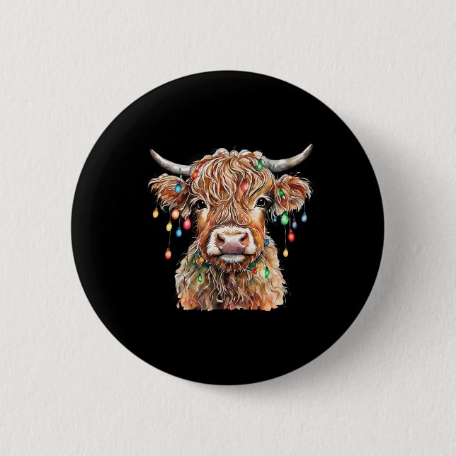 Bóton Redondo 5.08cm Vaca Escocesa Fofa Com Luzes De Natal Natal  (Frente)