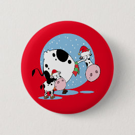 Bóton Redondo 5.08cm Vacas De Natal De Campo Com Chapéus De Papai Noel