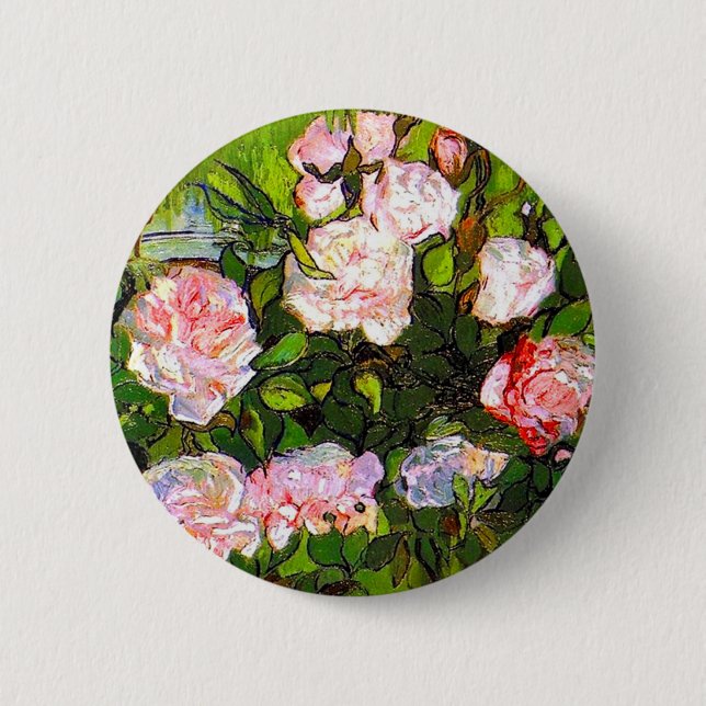 Bóton Redondo 5.08cm Van Gogh ainda vive com rosas rosa (Frente)