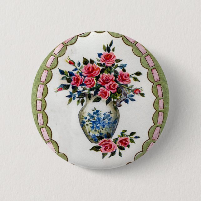 Bóton Redondo 5.08cm Vaso dos rosas com um quadro da fita (Frente)