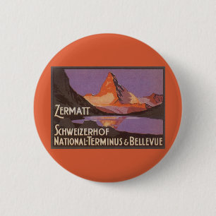 Bóton Redondo 5.08cm Viagem Vintage, Montanha Matterhorn na Suíça