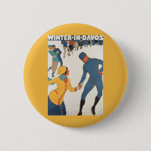 Bóton Redondo 5.08cm viagens vintage, Art Deco, Suiça de Winter Davos
