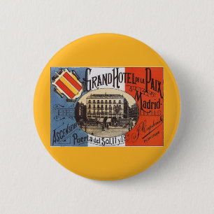 Bóton Redondo 5.08cm Viagens vintage, Grand Hotel Paix, Madrid, Espanha