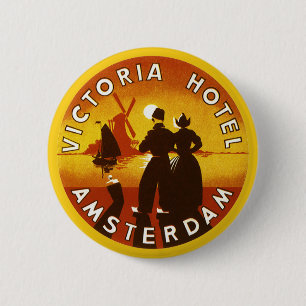 Bóton Redondo 5.08cm viagens vintage, Hotel Victoria, Amsterdã, Holand