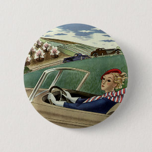 Bóton Redondo 5.08cm Viagens vintage, mulher elegante no carro
