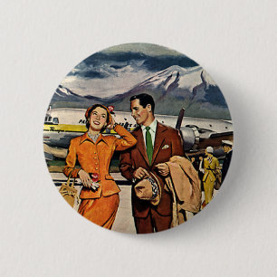Bóton Redondo 5.08cm Viagens vintage, turistas no aeroporto de Panagra