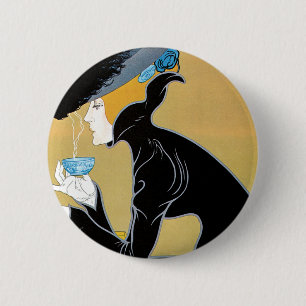 Bóton Redondo 5.08cm Vintage Art Nouveau, Lady Bebendo Marco Polo Tea