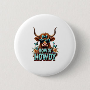 Bóton Redondo 5.08cm Vintage Howdy Vaca das Terras Altas com Óculos de 
