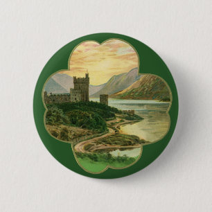 Bóton Redondo 5.08cm Vintage Lucky Dourada Shamrock com um castelo irla