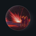 Bóton Redondo 5.08cm Vintage Science Fiction Alienígena Red Planet Expl<br><div class="desc">Imagem de Vintage,  ilustração futurista Science Fiction com astronautas alienígenas amigáveis acenando. Eles estão em um planeta ou lua vermelho com bolas de fogo explosivas que se parecem com fogos de artifício. Um clássico design de quadrinhos retrô 50 de ficção científica.</div>