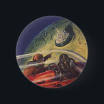 Bóton Redondo 5.08cm Vintage Science Fiction, Futurística City on Moon<br><div class="desc">Imagem de viagem de ilustração venenosa e ficção científica de transporte apresentando um clássico livro em quadrinhos retrô sci fi espaço e imagem planetária de astronautas ou aliens viajando em uma espaçonave voando sobre uma metrópole futurista na lua.</div>