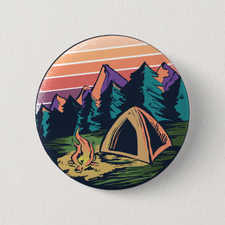 Bóton Redondo 5.08cm Vintage Sunset Camping Mountain Scene Design