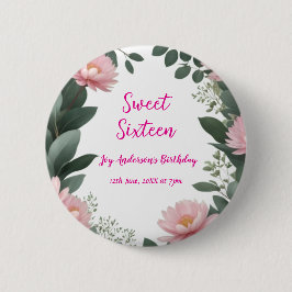 Bóton Redondo 5.08cm vintage, verde-flor-rosa, eucalipto, 16.o aniversá