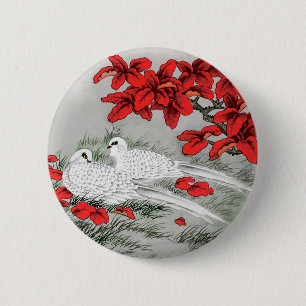 Bóton Redondo 5.08cm Vintage White Doves e Red Leaves em Cinzas/Cinzas