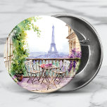 Bóton Redondo 5.08cm Watercolor Eifel Tower Paris Café Francês<br><div class="desc">Watercolor Eifel Tower Paris French Cafe Buttons apresenta uma área de assentos de café francês com aquarelas,  com Paris e a Torre Eifel em segundo plano. Criado pelo Evco Studio www.zazzle.com/store/evcostudio</div>