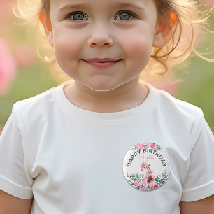 Bóton Redondo 5.08cm Watercolor Floral Girafa Ribbon Girl Aniversário