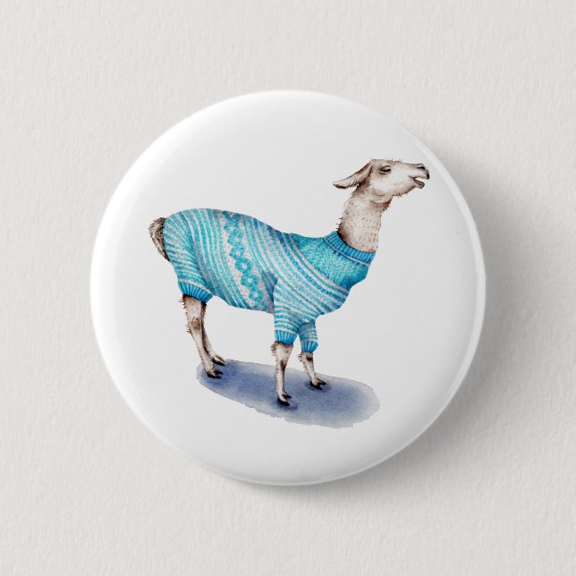 Bóton Redondo 5.08cm Watercolor Llama em Blue Sweater (Frente)