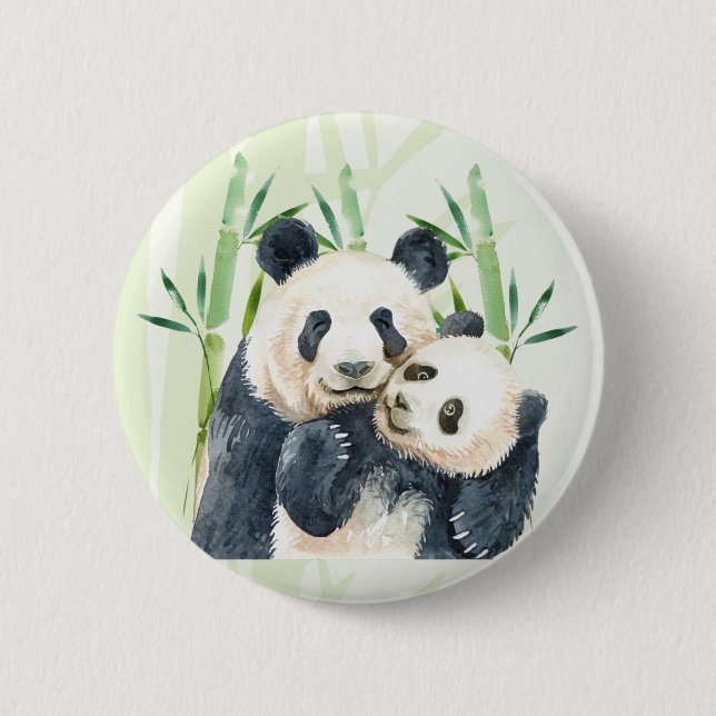 Bóton Redondo 5.08cm Watercolor Panda Bears Mãe e Bebê em Bambu (Frente)