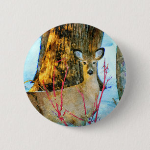 Bóton Redondo 5.08cm Whitetail Deer em Winter Snow Willife Watercolor