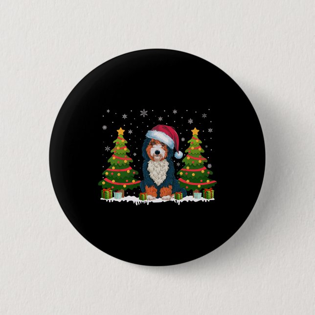 Bóton Redondo 5.08cm Xmas Tree Lights Bernedoodle Dog Santa Hat Natal (Frente)