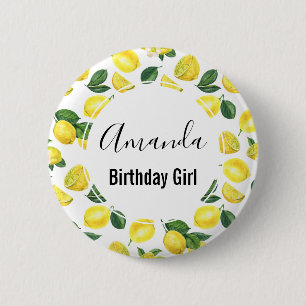 Bóton Redondo 5.08cm Yellow Lemons Watercolor Standard Birthday Girl
