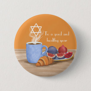 Bóton Redondo 5.08cm Yom Kippur Quebra-Jejum: Café, Romãs