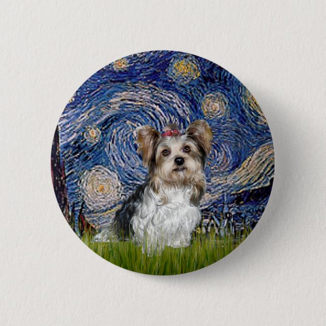 Bóton Redondo 5.08cm Yorkshire Terrier (Biewer) - Noite Estrelada (Frente)