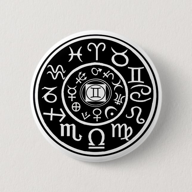 Bóton Redondo 5.08cm Zodiac - Constelação de Gemini e Design planetária (Frente)